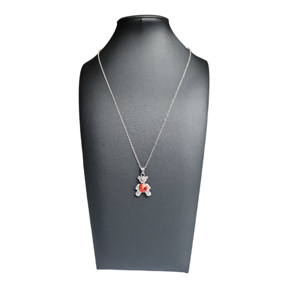 Bear Pendant Silver Tone Necklace Rhinestone - Picture 7 of 10